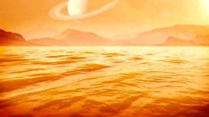 An artistic rendering of Kraken Mare, the large liquid methane sea on Saturn’s moon Titan.