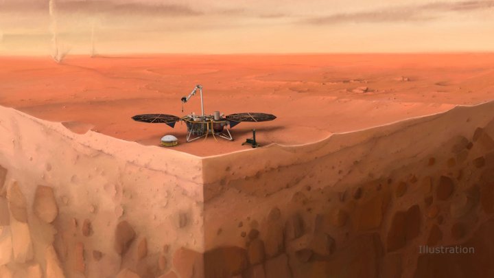 In this artist's concept of NASA's InSight lander on Mars, layers of the planet's subsurface can be seen below, and dust devils can be seen in the background.