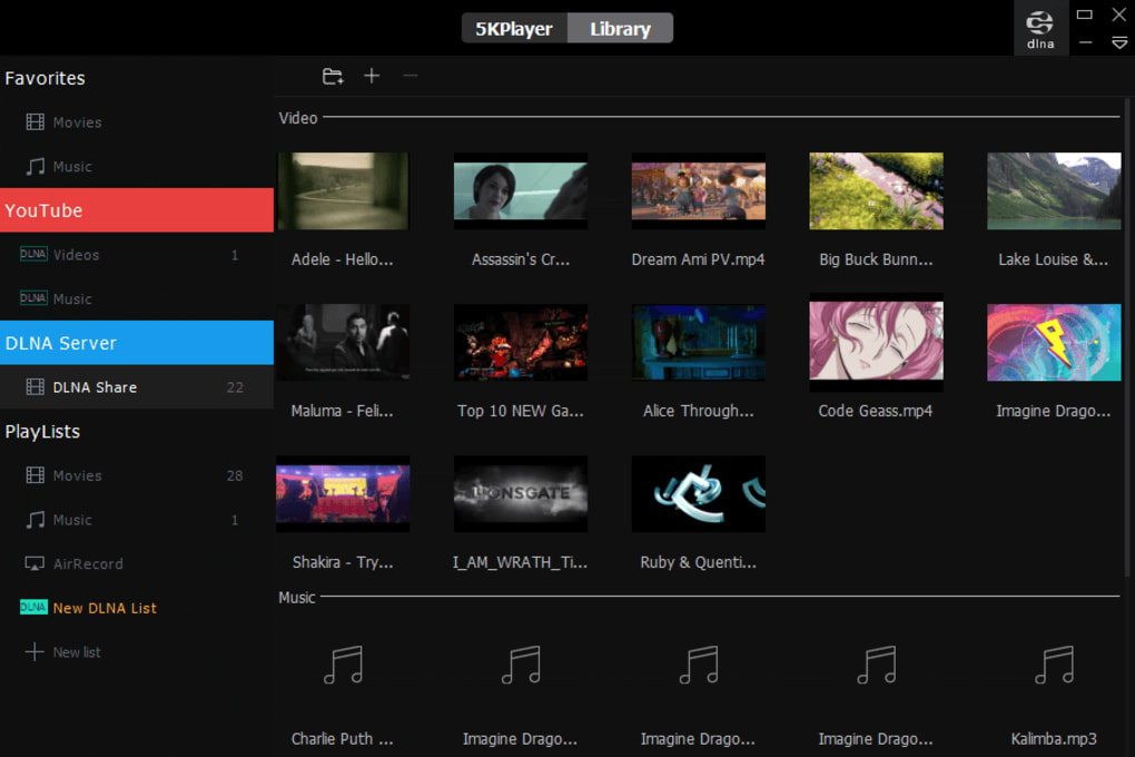O 5KPlayer pode transmitir música de várias fontes, até sites de vídeo como o YouTube.