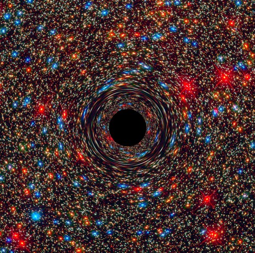 This computer-simulated image shows a supermassive black hole at the core of a galaxy. The black region in the center represents the black hole’s event horizon, where no light can escape the massive object’s gravitational grip. The black hole’s powerful gravity distorts space around it like a funhouse mirror. Light from background stars is stretched and smeared as the stars skim by the black hole.