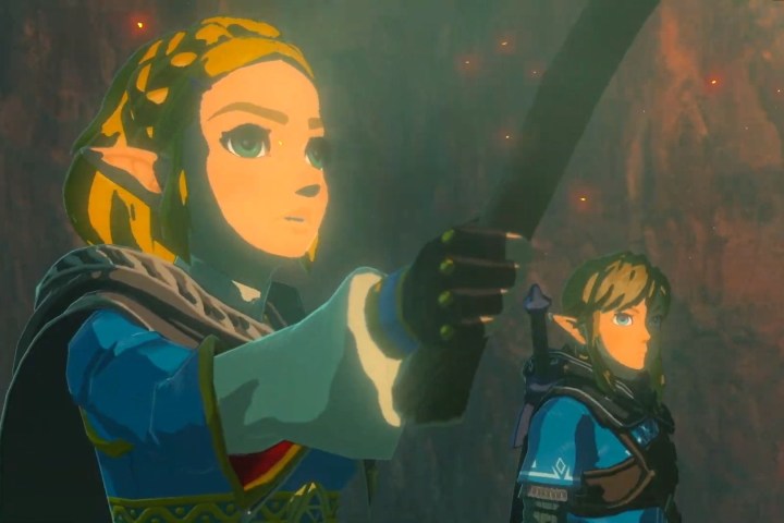 Zelda e Link esplorano una grotta.