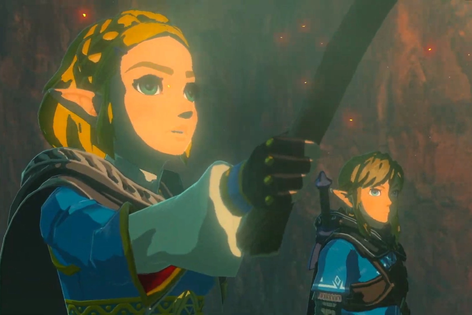 Zelda e Link explorando uma caverna.