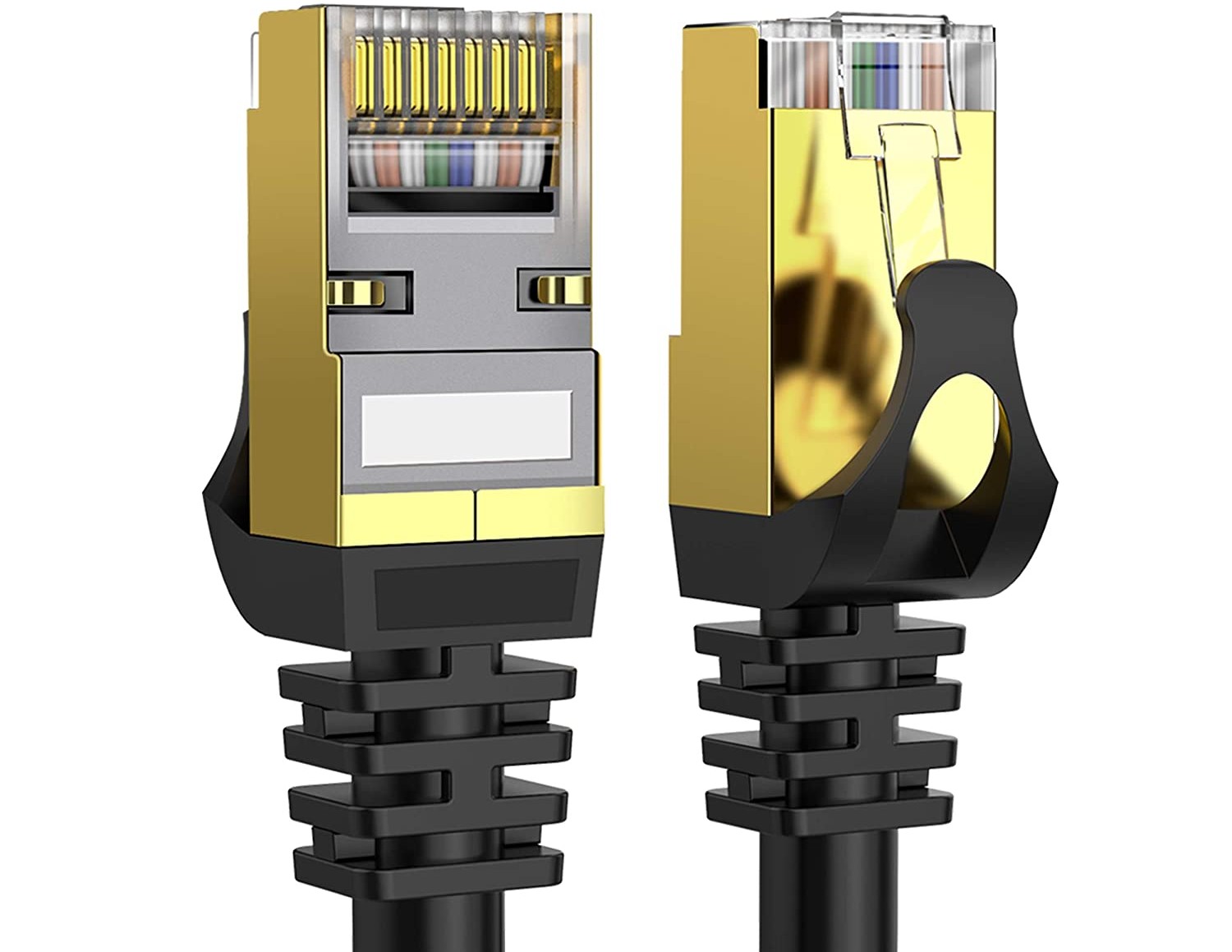 Close up of two Dacrown Weatherproof Ethernet Cable plugs.