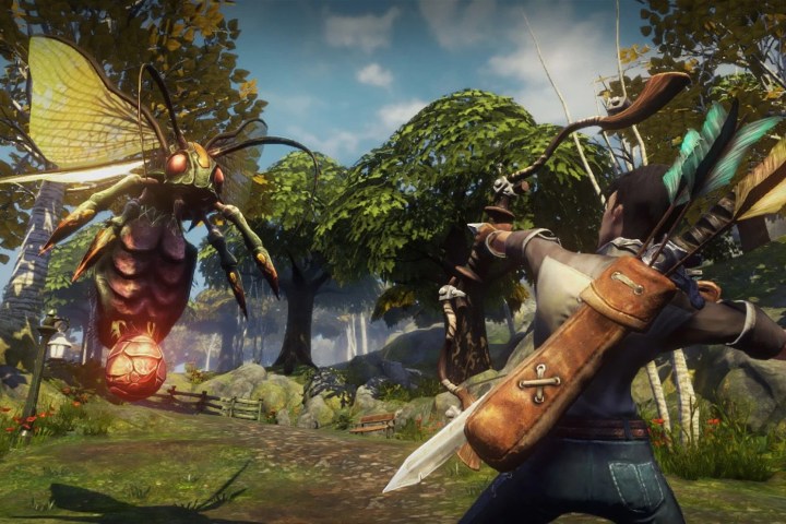 Fable player shooting a giant insect with a bow and arrow. 