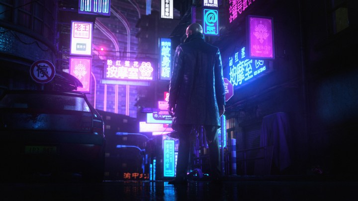 Agent 47 standing on a rainy street in China.