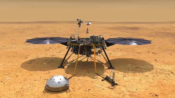This illustration shows NASA's InSight spacecraft with its instruments deployed on the Martian surface.