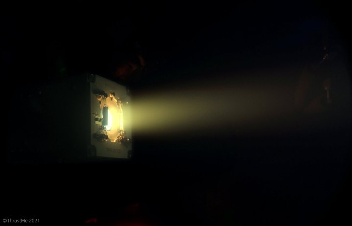A depiction of the iodine thruster developed by ThrustMe being used to change the orbit of a small satellite.