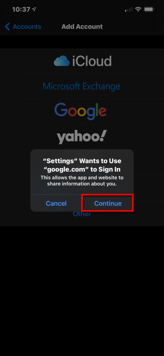iPhone Settings Mail Sign In Google