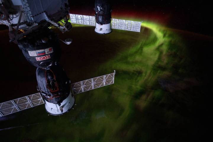 From the International Space Station’s orbit 269 miles above the Indian Ocean southwest of Australia, this nighttime photograph captures the aurora australis, or "southern lights." Russia's Soyuz MS-12 crew ship is in the foreground and Progress 72 resupply ship in the background.