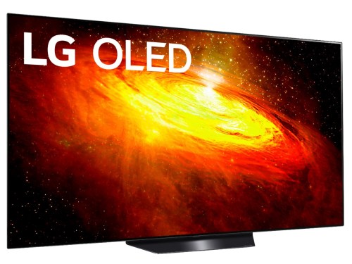 A 65-inch LG 4K OLED TV with a space scene on the screen.