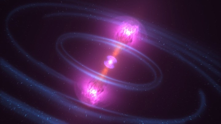 As neutron stars collide, some of the debris blasts away in particle jets moving at nearly the speed of light, producing a brief burst of gamma rays.