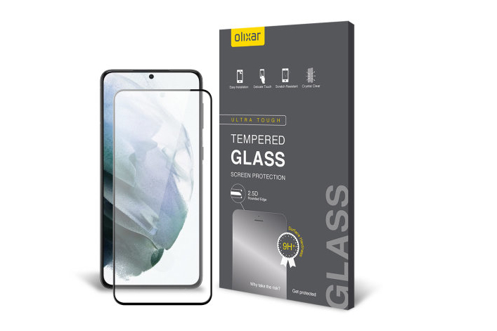 olixar tempered glass screen protector for samsung galaxy s21 plus showing the protector being applied to the phone screen, alongside the retail packaging.