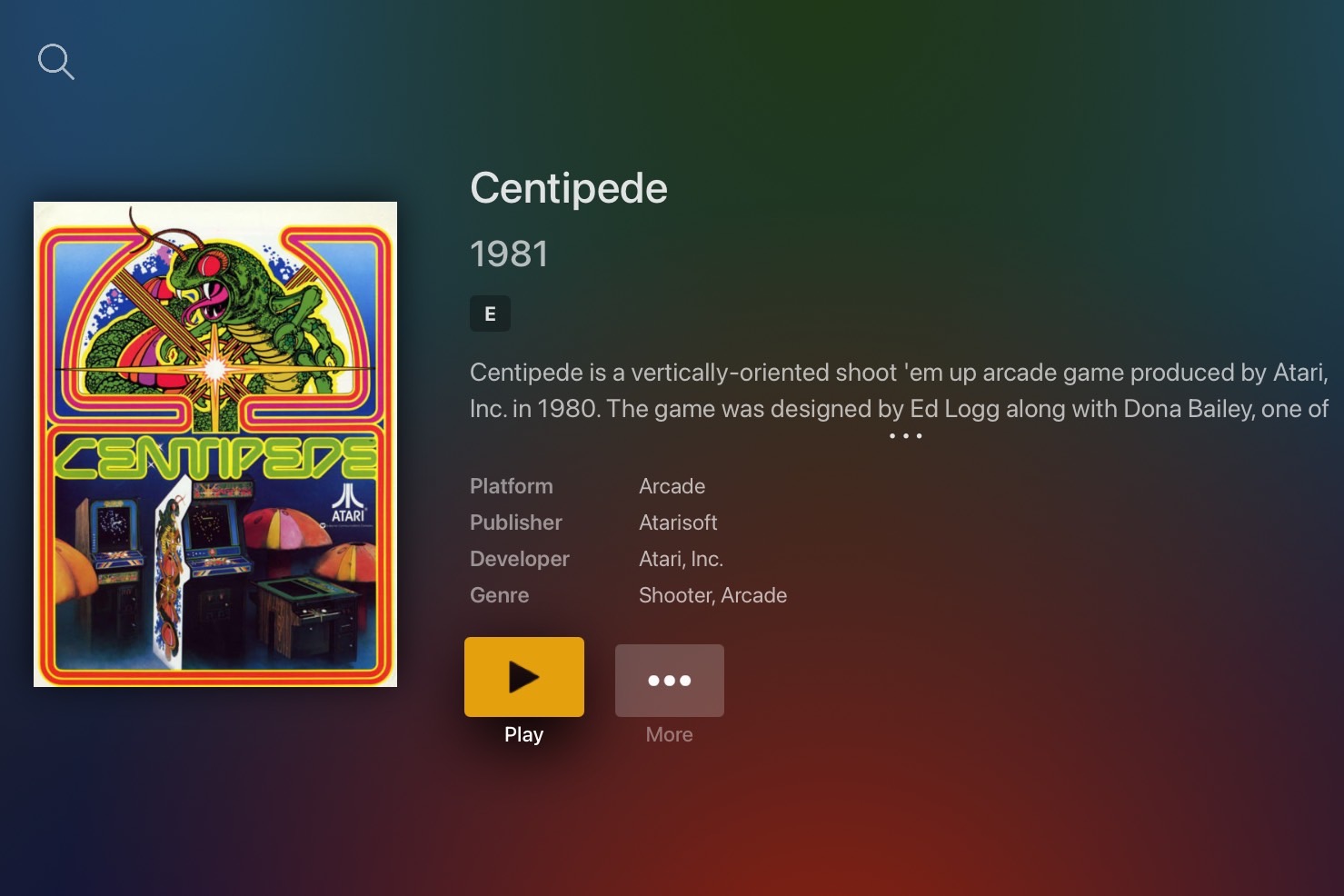 Plex Arcade Library pre-play screen for Centipede