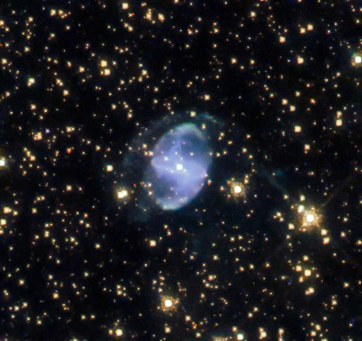 This Hubble image shows ESO 455-10, a planetary nebula located in the constellation of Scorpius. The color image is composed of near-infrared and optical observations from Hubble’s Wide Field Camera 3 (WFC3). Four filters were used to sample various wavelengths. The color results from assigning different hues to each monochromatic image associated with an individual filter.