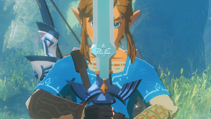 Link with the Master Sword in The Legend of Zelda: Breath of the Wild.