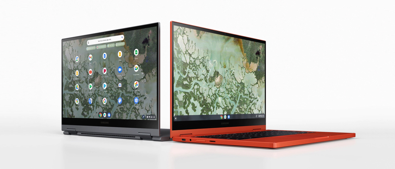 Um Galaxy Chromebook 2 vermelho e um preto ficam lado a lado.