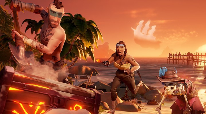 Pirates digging up treasure in Sea of Thieves.