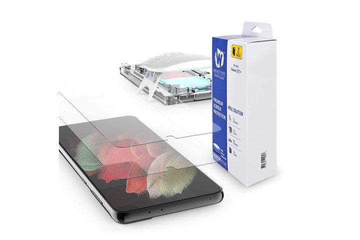 whitestone dome tempered glass screen protector for samsung galaxy s21 plus showing the device, screen protector, and curing light, alongside the retail packaging.