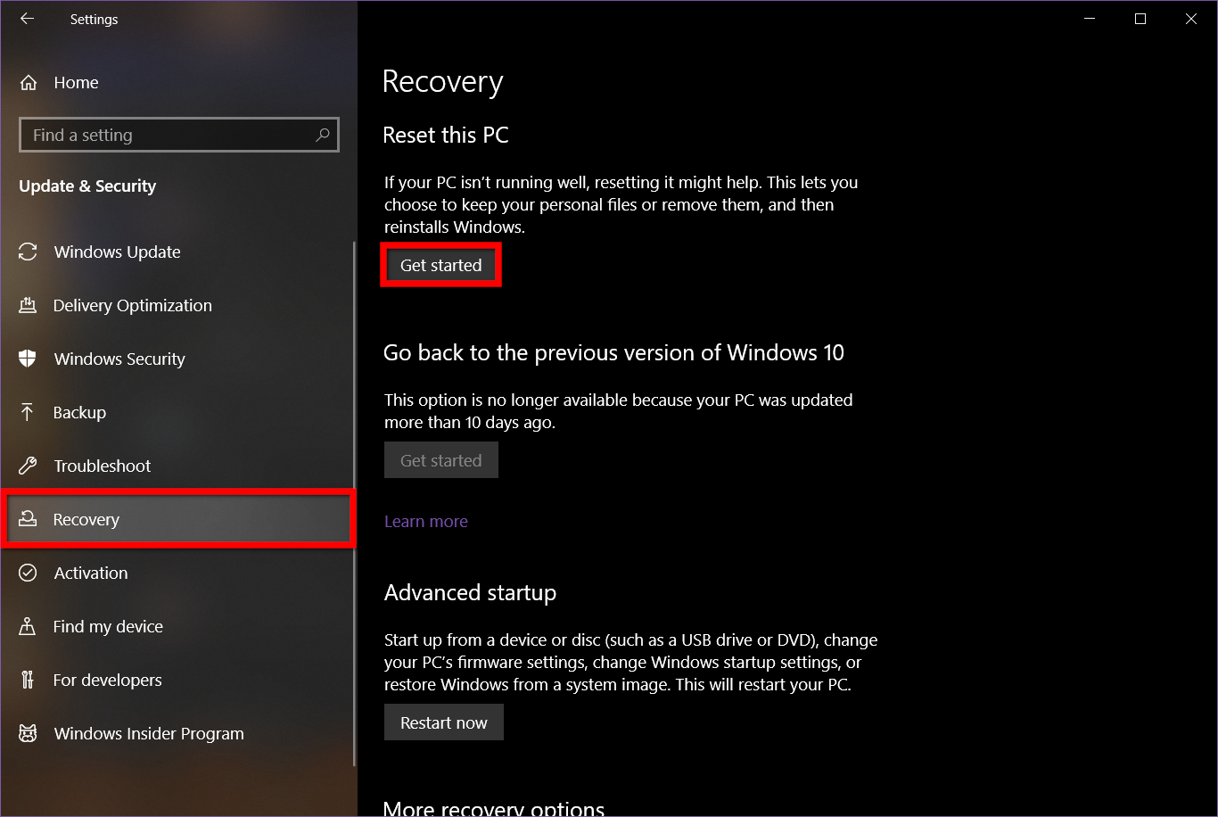 Windows 10 Recovery Settings menu.