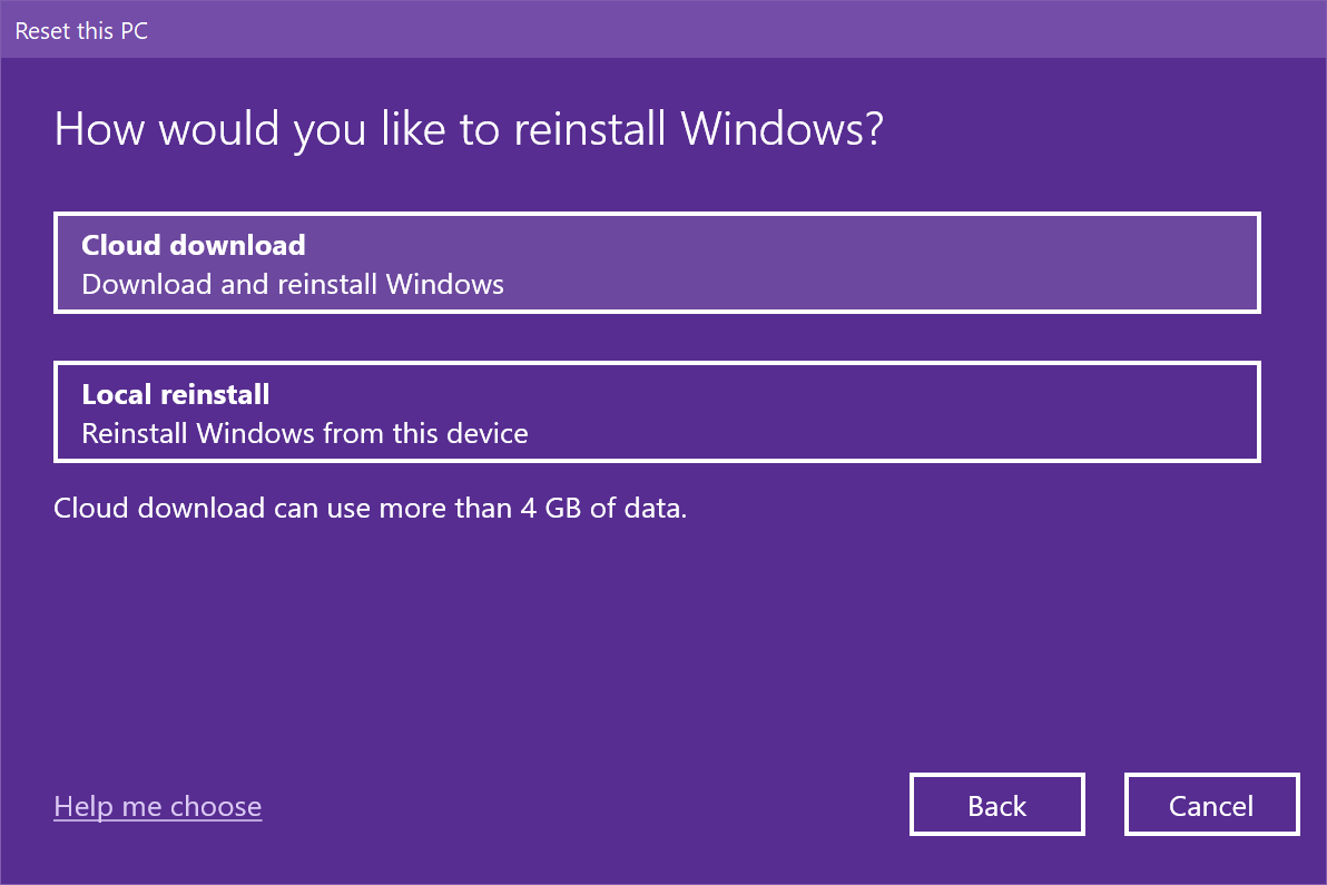 Menu de opções de fonte de reinstalação do Windows 10.