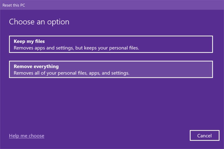 خيار إزالة كل شيء في Windows 10.