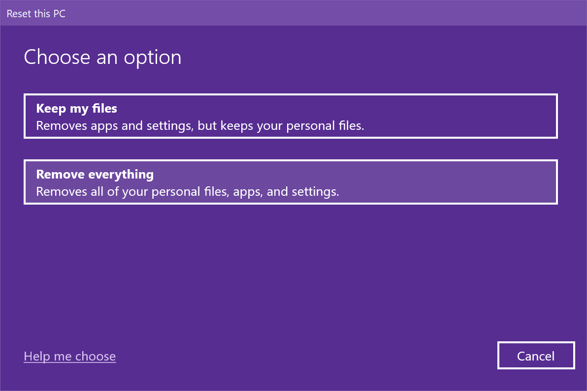 Opção Remover tudo do Windows 10.