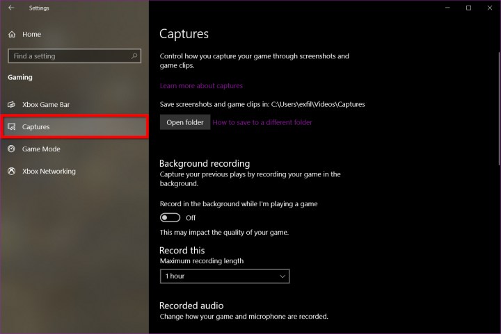 tech news Captures section in Windows 10 Settings.