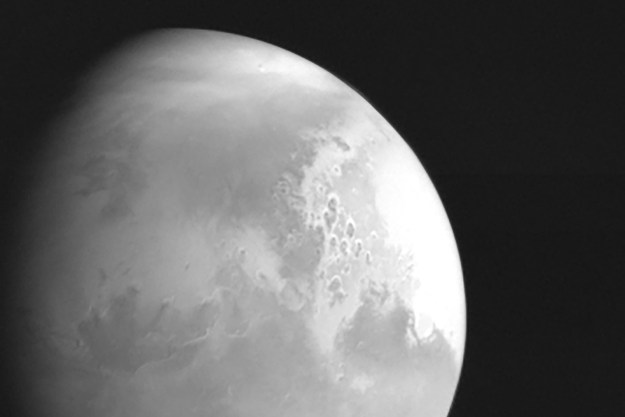 A black-and-white picture of Mars taken by Tianwen 1, the first snapshot from the Chinese craft.