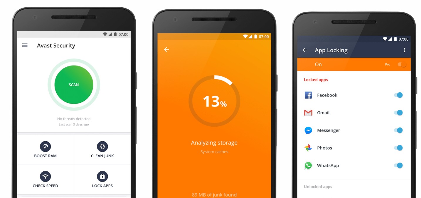 Three images of Avast Security software on mobile with one displaying its Wi-Fi protection, one analyzing the storage for viruses, and one allowing you to lock apps.
