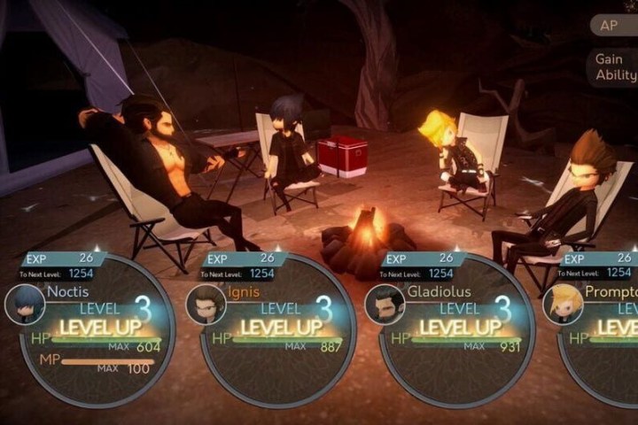 Characters relaxing around a campfire in Final Fantasy XV Pocket Edition on iOS.