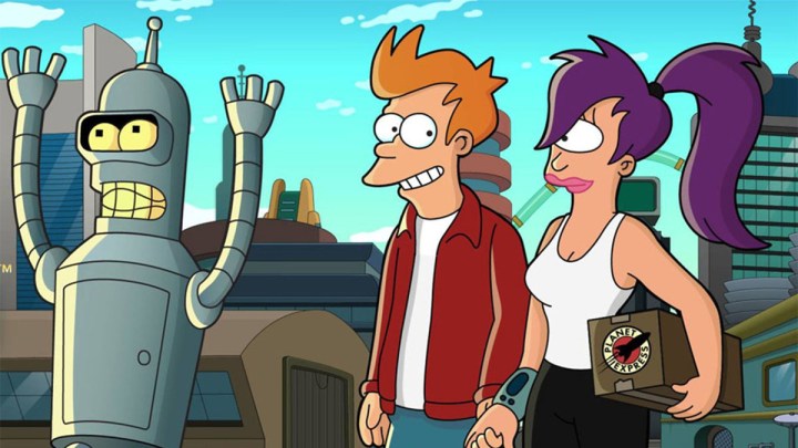 Bender, Fry e Leela em Futurama.
