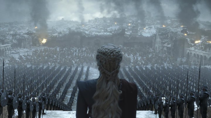 Daenerys Targaryen facing her army in the burned King's Landing in Game of Thrones