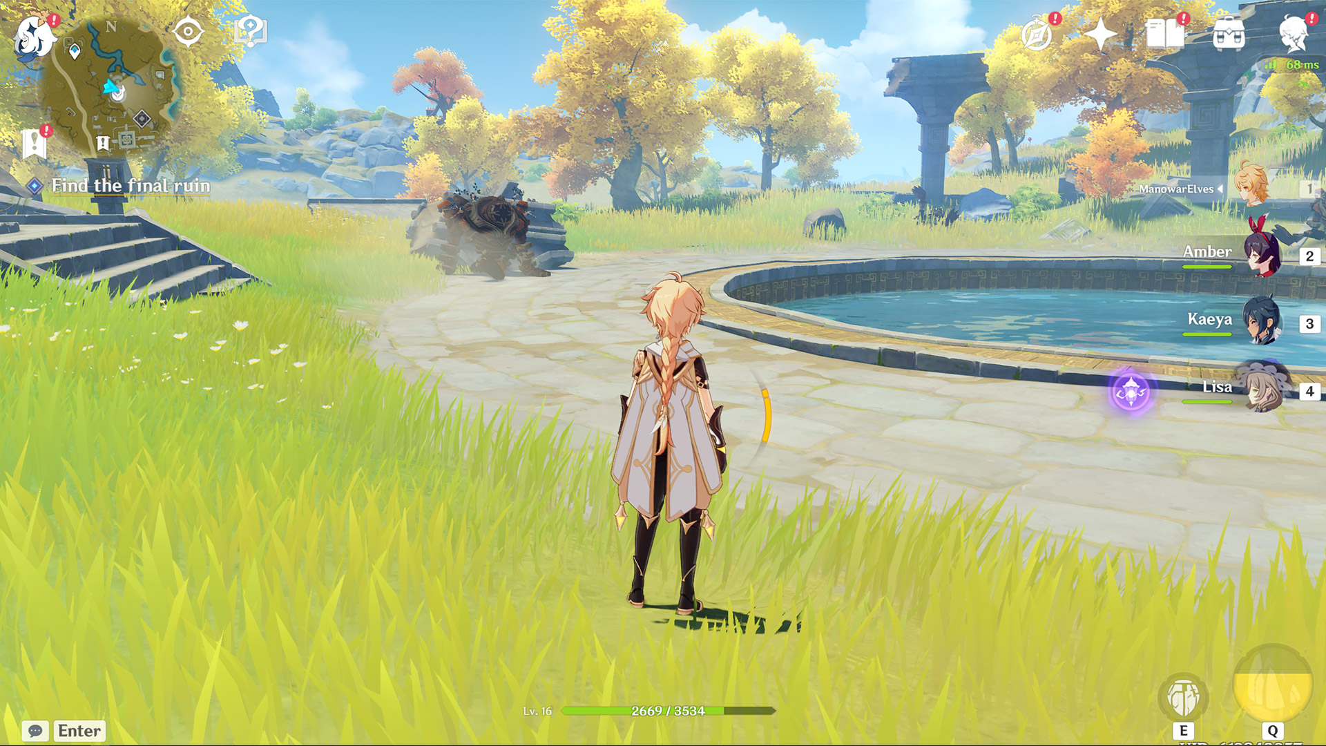 The main character standing near a pool.