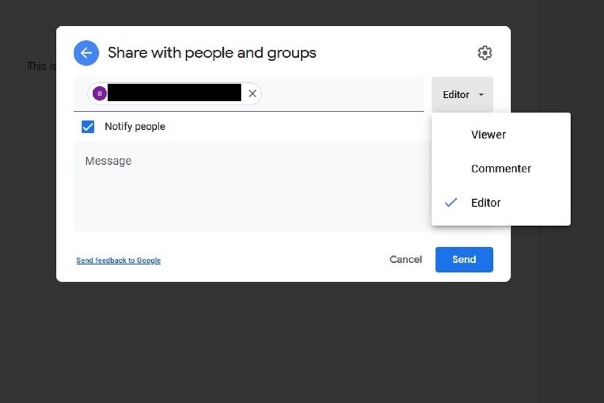 Captura de pantalla de las opciones para compartir de Google Docs.