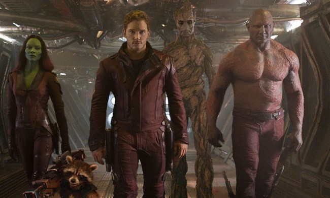 The cast of "Guardians of the Galaxy" walking toward the camera.