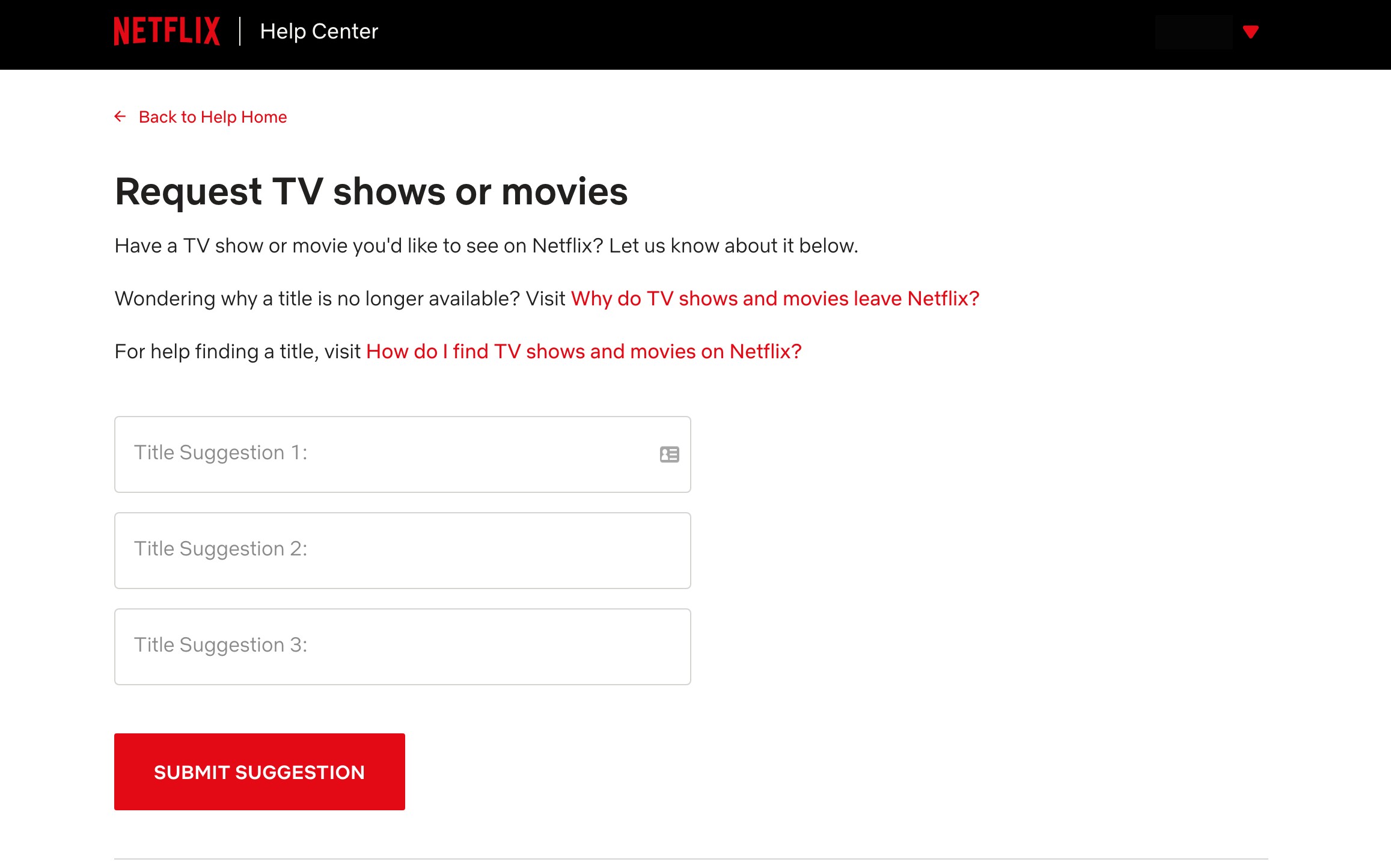 La pantalla Solicitar adiciones en el sitio web de Netflix.
