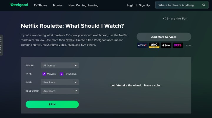 The Netflix Roulette feature on the Reelgood site.