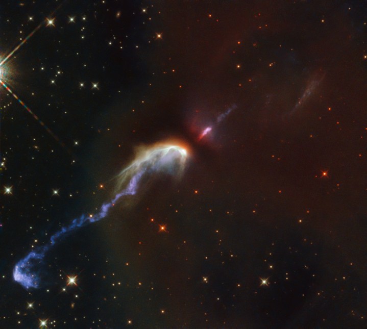 Herbig-Haro objects are some of the rarer sights in the night sky, taking the form of thin spindly jets of matter floating among the surrounding gas and stars. The two Herbig-Haro objects cataloged as HH46 and HH47, seen in this image taken with the NASA/ESA Hubble Space Telescope, were spotted in the constellation of Vela (the Sails), at a distance of over 1,400 light-years from Earth.