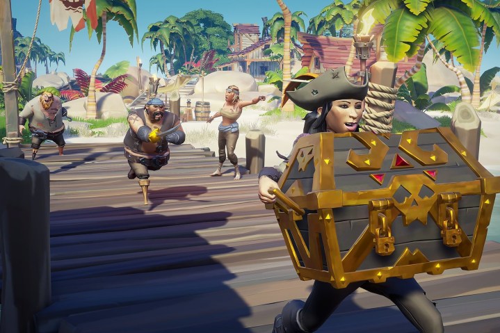 A pirate running with a chest in Sea of Thieves.