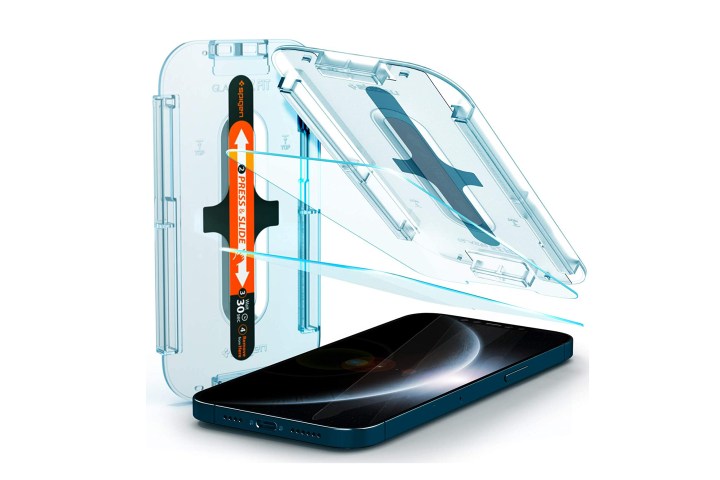 Spigen Tempered Glass Screen Protector with tray and applicator.