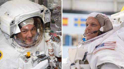 NASA crew members of the SpaceX Crew-4 mission to the International Space Station. Pictured from left are NASA astronauts Kjell Lindgren and Bob Hines.