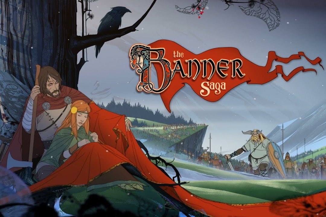 Dos personajes animados se abrazan mientras se desata una batalla en The Banner Saga para iOS.