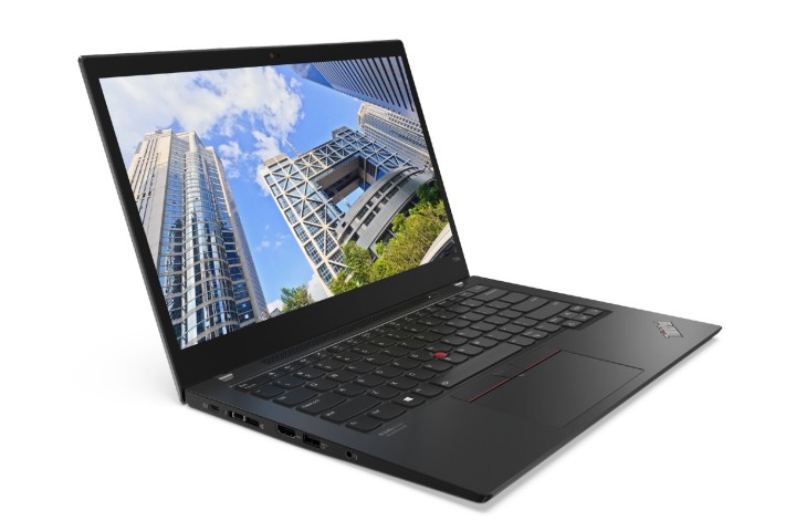A Lenovo ThinkPad T14s Gen 2 laptop with a cityscape scene on the display.
