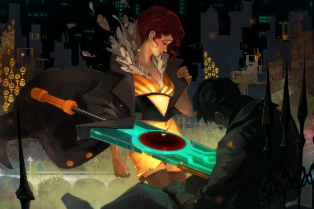 A scene showing the main character, Red, in Transistor on iOS.