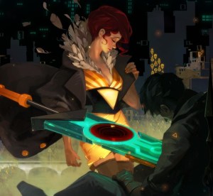 A scene showing the main character, Red, in Transistor on iOS.