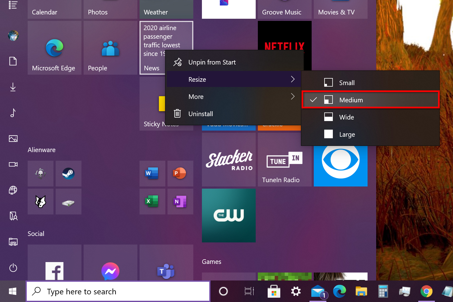 Windows 10 Resize Tile.