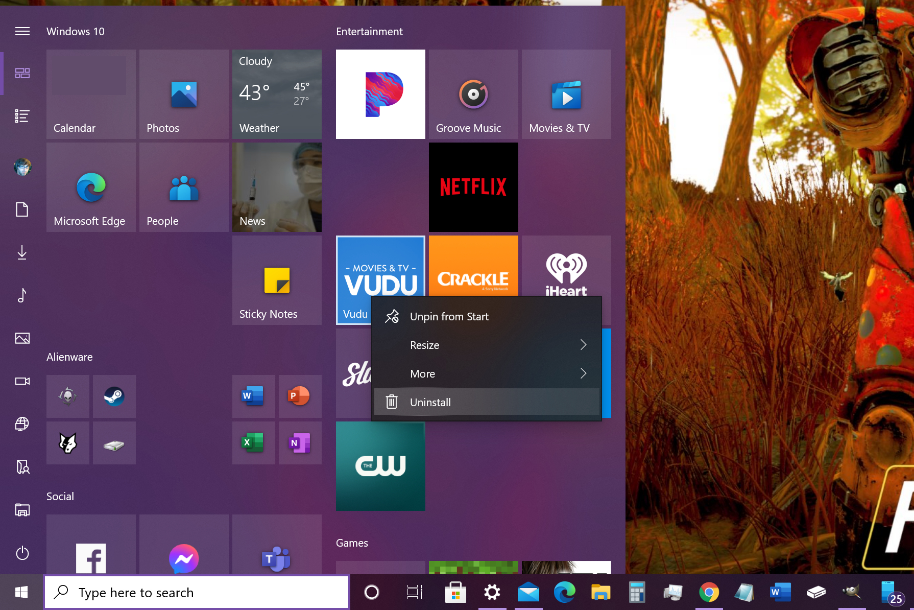 Windows 10 Start Menu Uninstall.