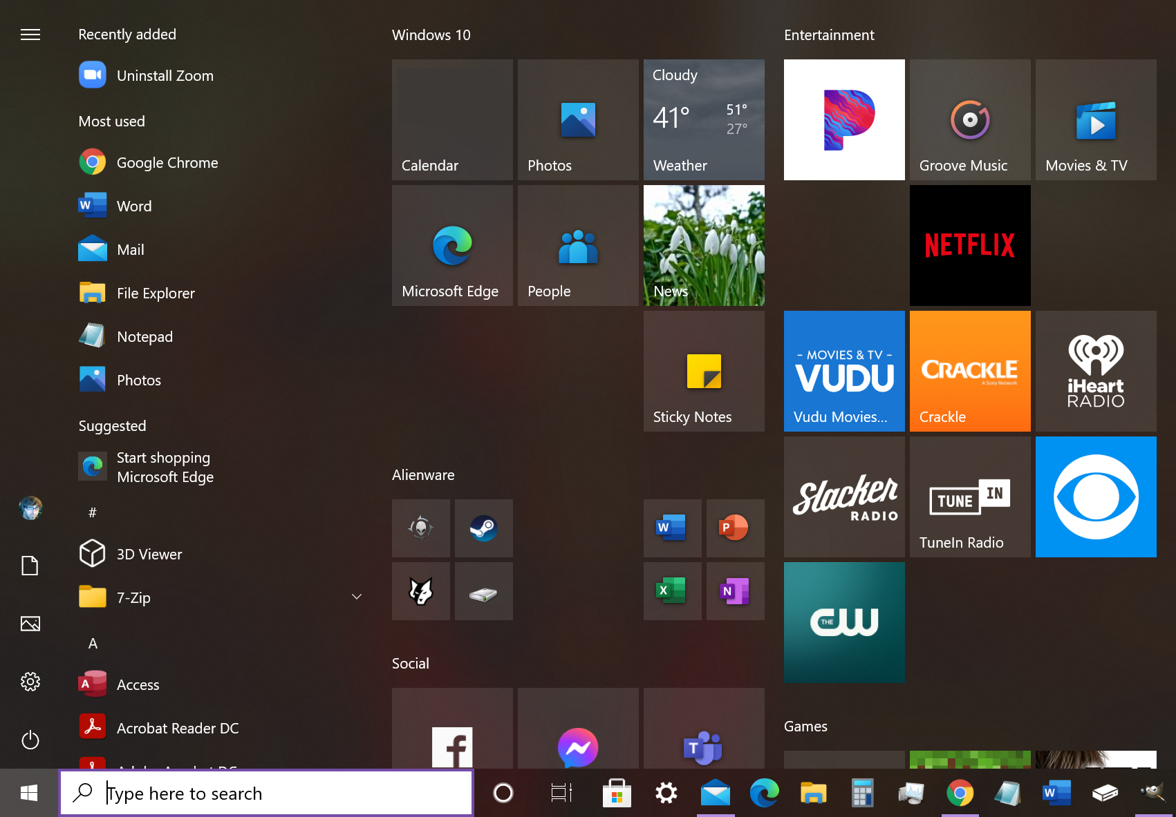 Windows 10 Start Menu.
