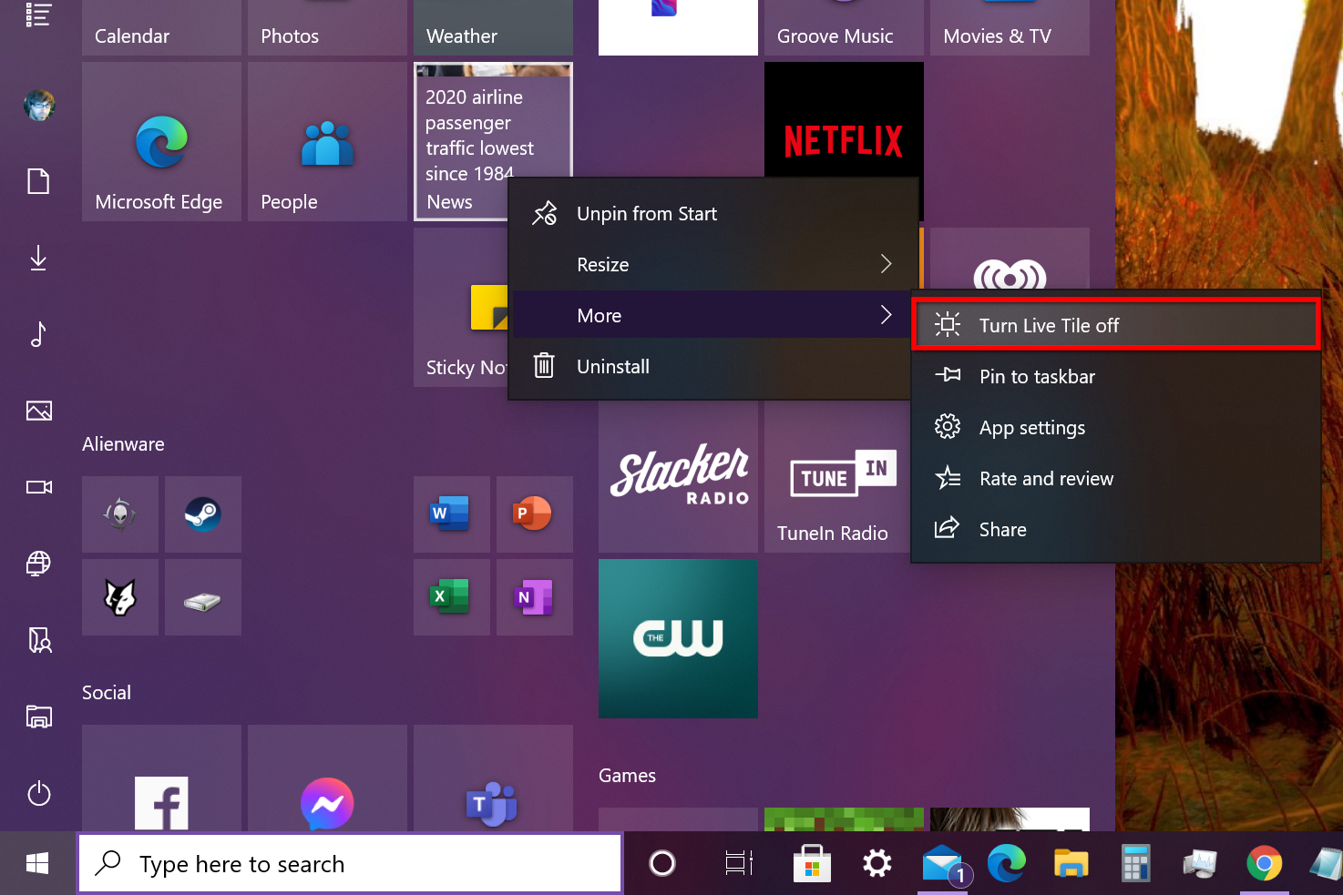 Windows 10 Turn Live Tile Off.