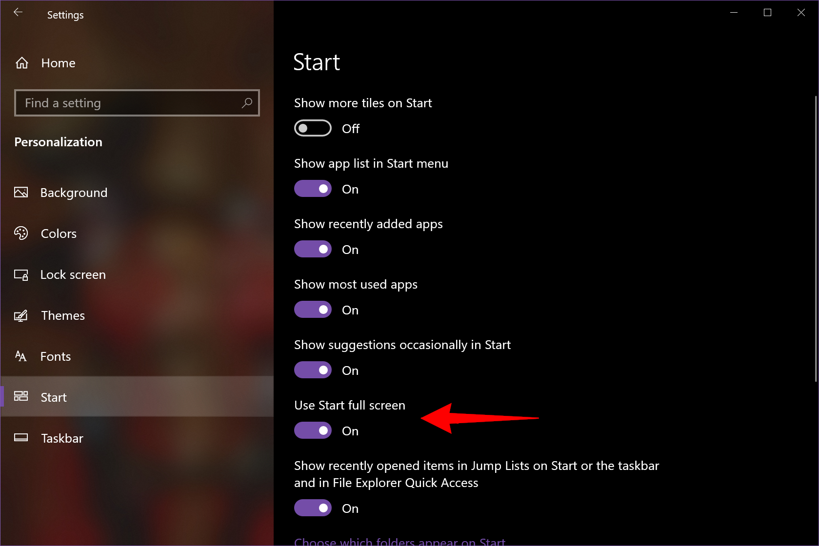 Windows 10 Use Start Full Screen.
